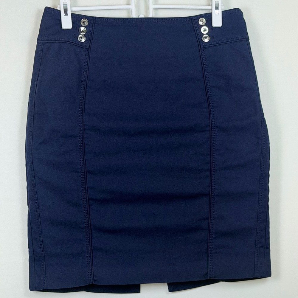 White House Black Market Perfect Form Navy Pencil Skirt Size 6 Stretch Fit Slit
